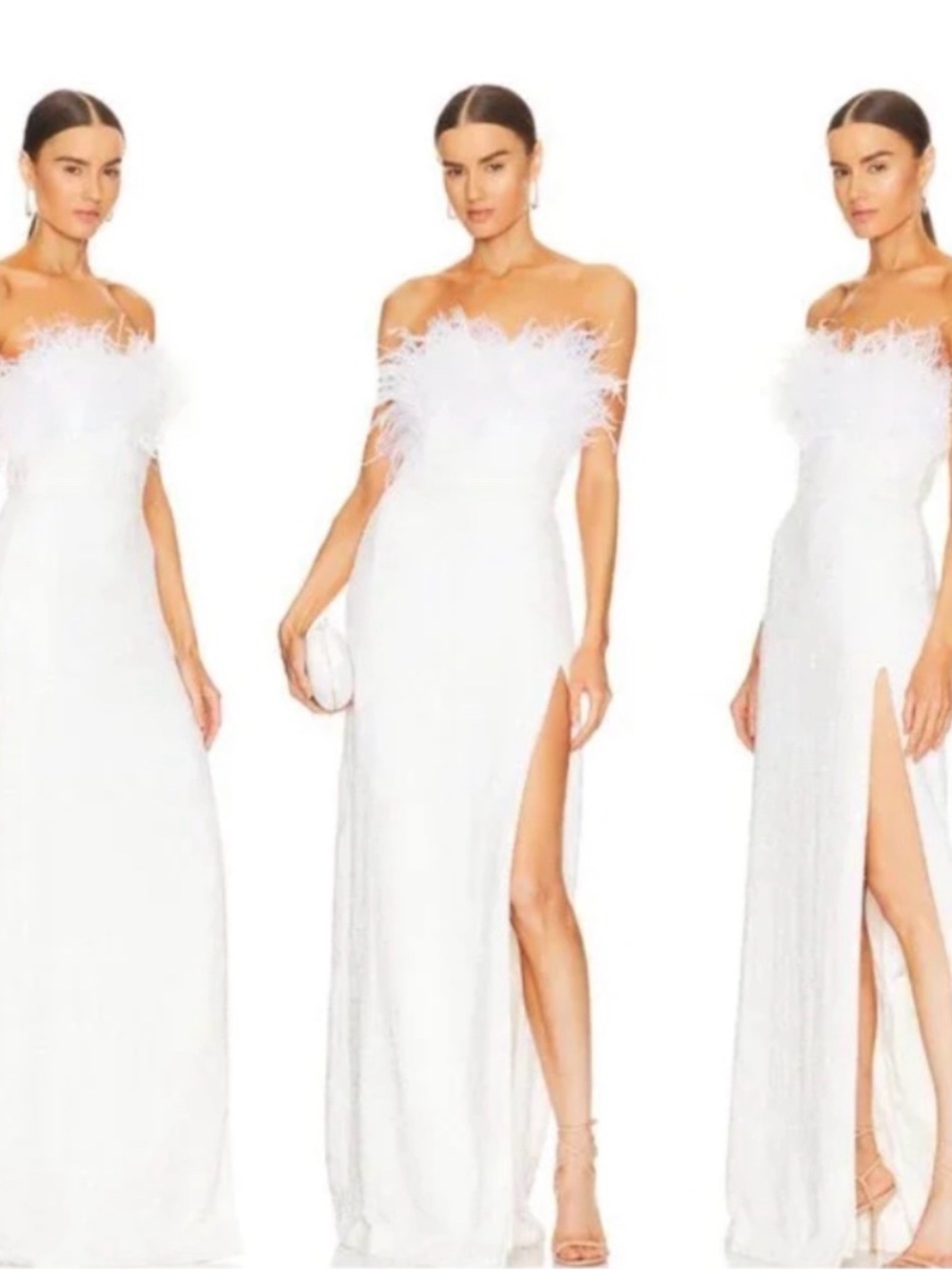 Retrofete White Strapless Feather-Trim Gown with Slit